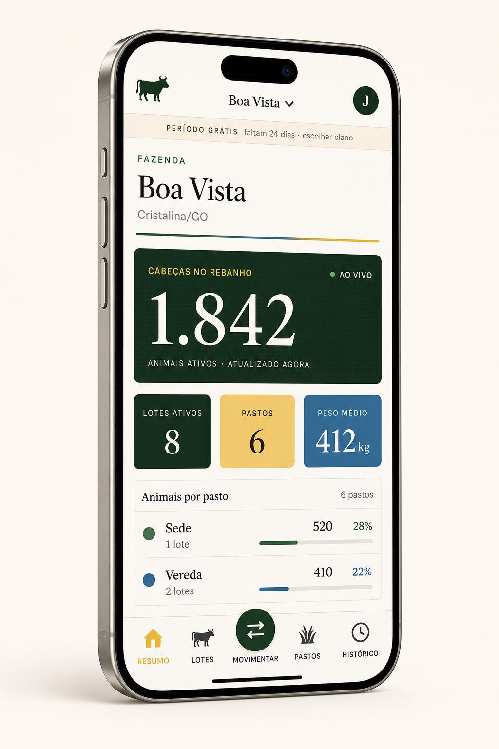 App Comando Rural mostrando o resumo de uma fazenda com 1.247 cabeças.